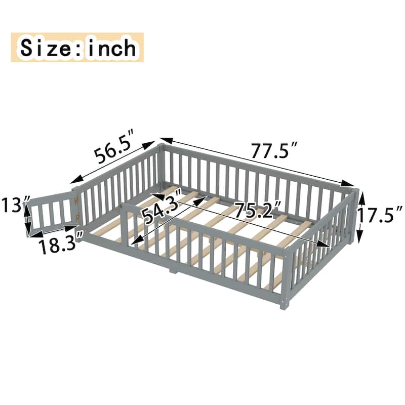 Montessori Toddler Floor Bed with Fence and Switchable Door, Low Profile Bed Frame with Removable Slats, Safe Transition Bed