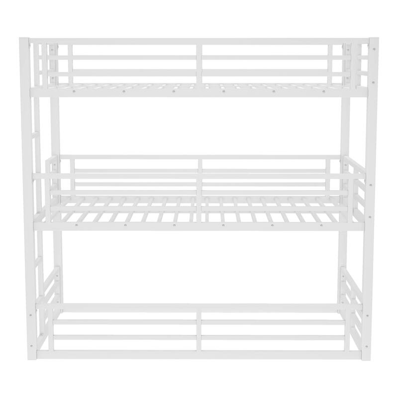 Roomfitters Twin/Full/Queen Metal Triple Bunk Bed with Safety Guardrails, Heavy-Duty Noise-Reduced Frame, White