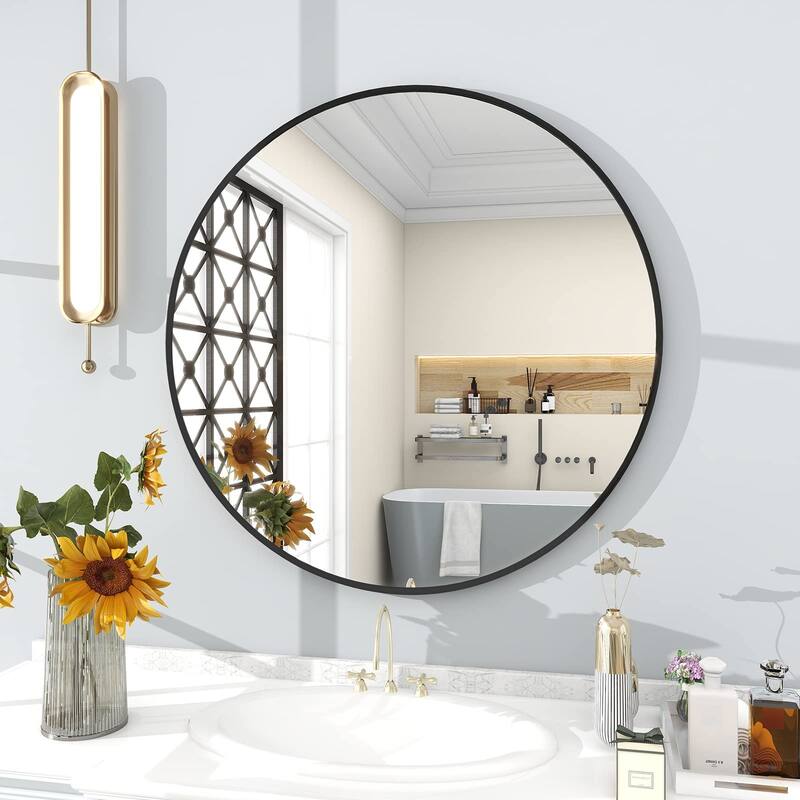 HOMLUX 30 Inch Round Wall Mirror Vanity Bathroom Mirrors with Black Aluminum Alloy Frame