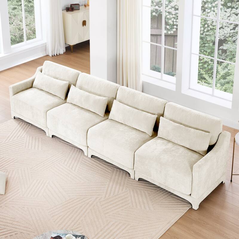 Modern Chenille 4-Seater Sofa with 2 Ottoman, Lumbar Cushions, Ergonomic Backrest, High-Resilience Spongeand Tufted Armrests