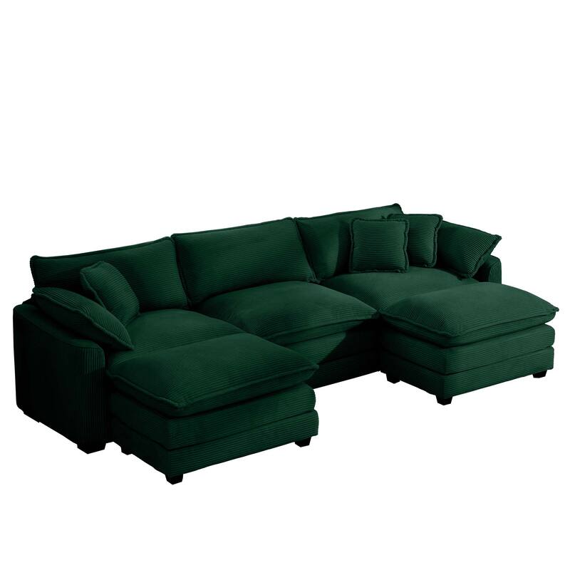 Plush Corduroy U-Shaped Modular Sofa with Convertible Ottoman - 3 Seat Sectional Sofa Bed