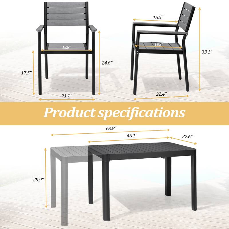 Outdoor 5/7-Piece Patio Aluminum Dining Set Stackable Chairs and Extendable Table