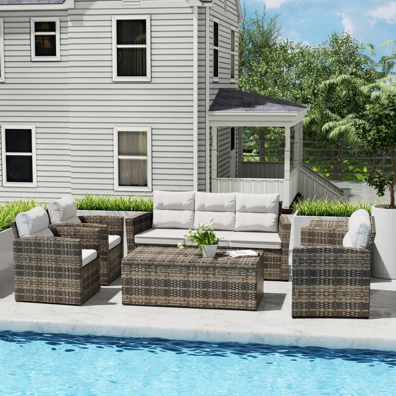 Wess 6-Piece Outdoor Patio Conversation Set with Storage and Cushions - White