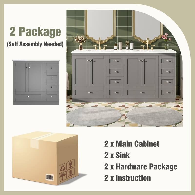 72 inch Shaker Style Free-Standing Bathroom Vanity Cabinet with Ceramic Sink, Soft-close