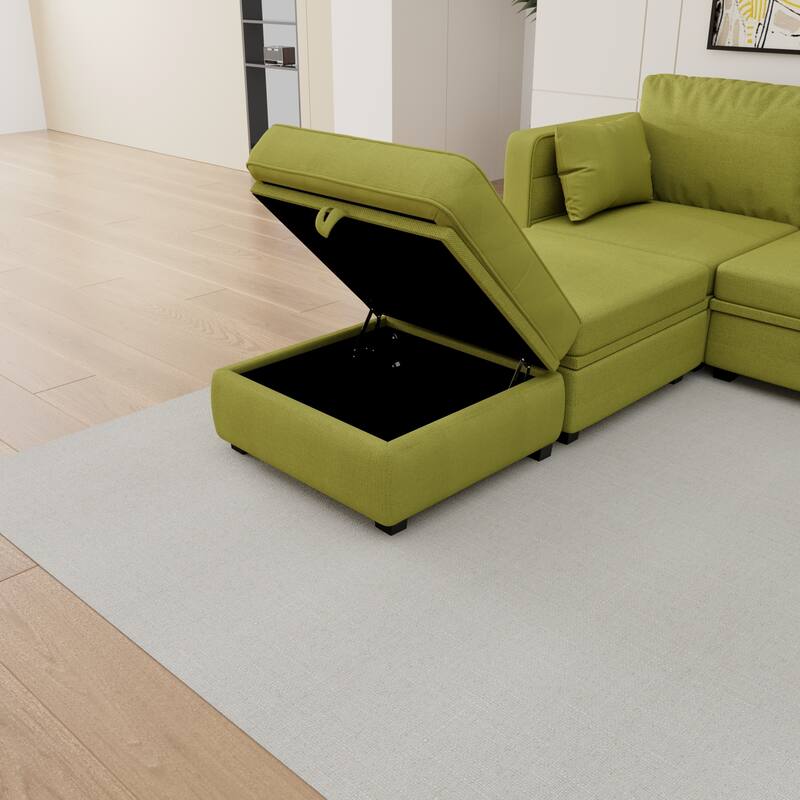 6-Seat U-Shaped Modular Reversible Sectional Sofa with Storage Ottoman