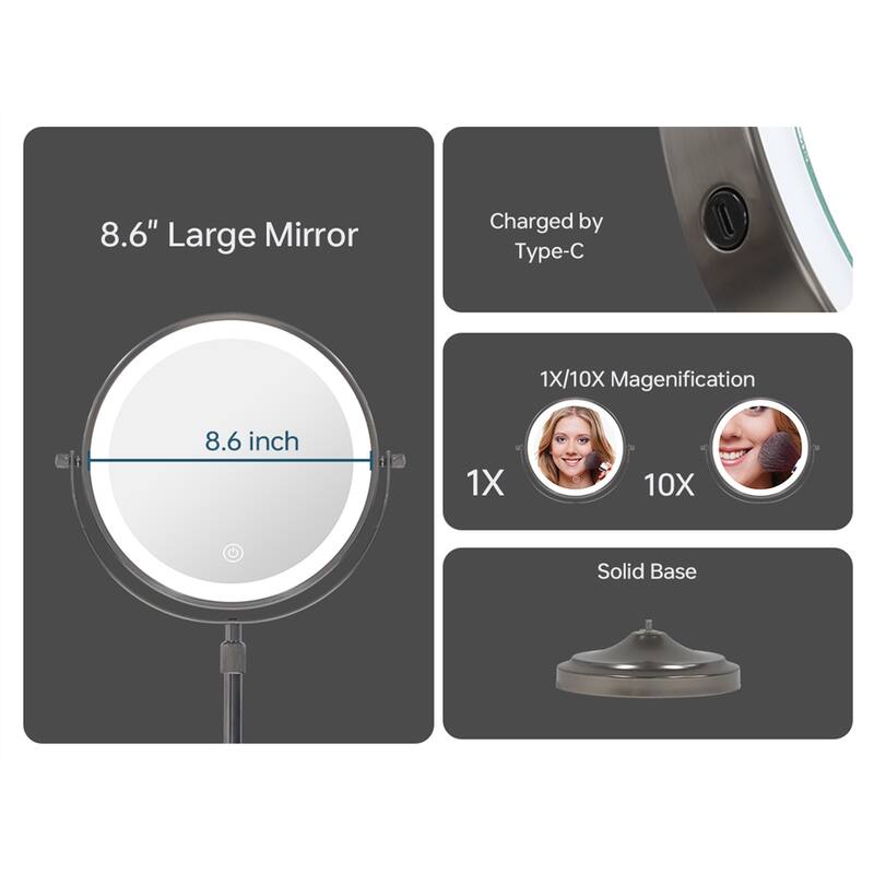 9" Lighted Makeup Double Sided 1X/10 Magnification Mirror, 3 Lighting