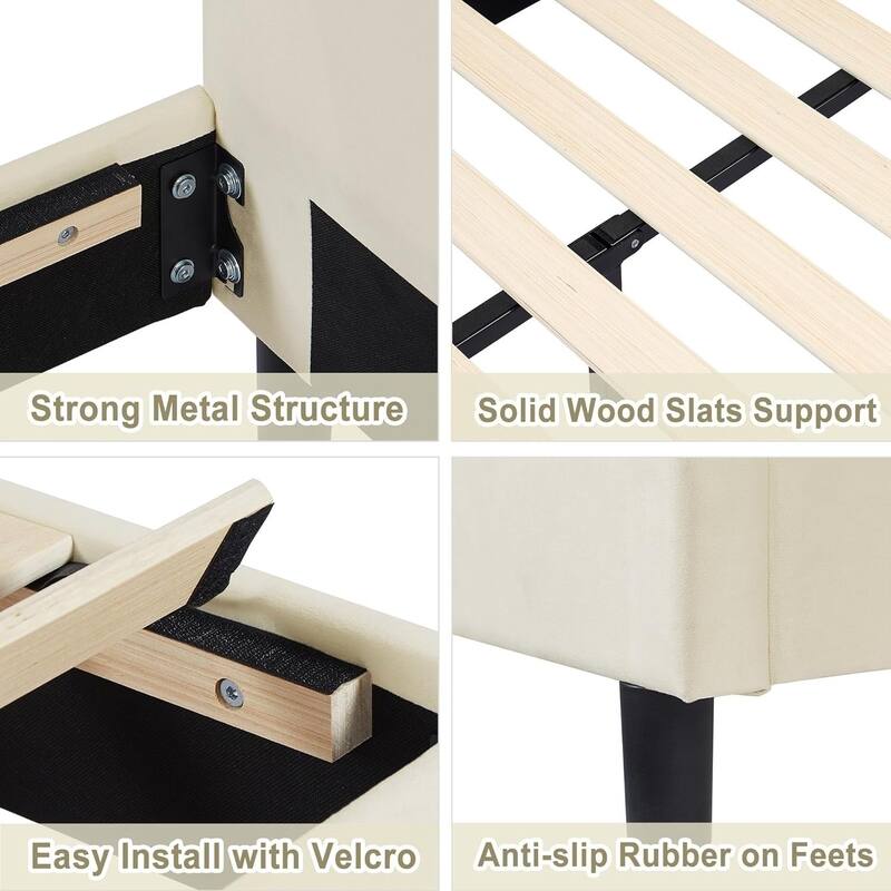 Javlergo Twin Size Kids Bed Frame with Cute Ears Velvet Headboar No Box Spring Required Bed Children's Bed