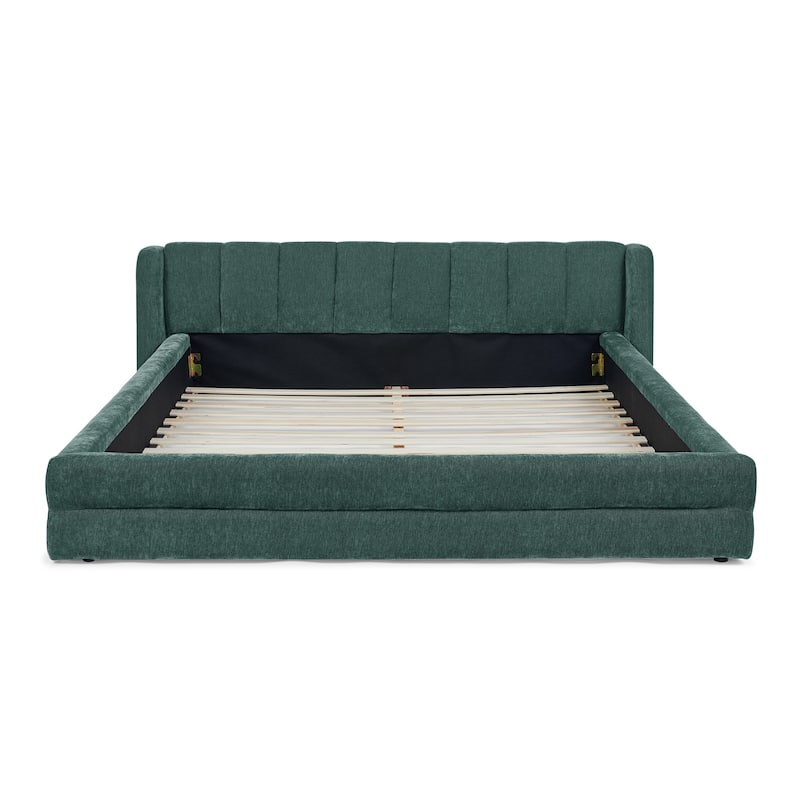 Queen Size Upholstered Platform Bed with Thick Chenille Fabric, Solid Frame & Headboard,Blue+Green