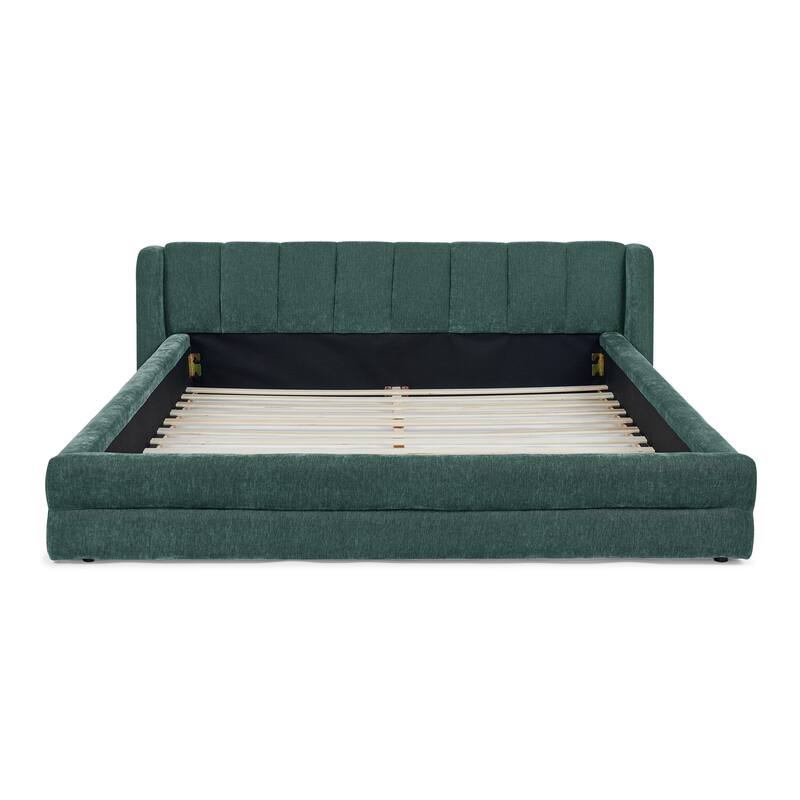 Roomfitters Queen Upholstered Chenille Fabric Low Platform Bed with Rounded Headboard, Solid Frame