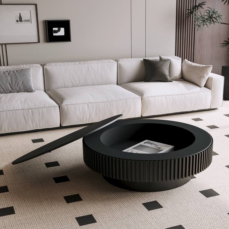39.4" Round Coffee Table with Storage, Solid Wood Veneer Modern Accent Tea Table - Black