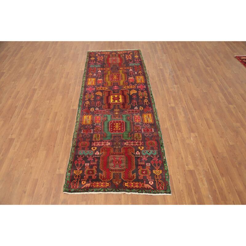 Hand Knotted Oriental 100% Wool Carpet Traditional Tribal Purples Ardebil Runner Rug - 9' 6'' X 3' 5''