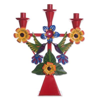 Novica Handmade Hummingbird Temple In Red Recycled Metal Candelabra