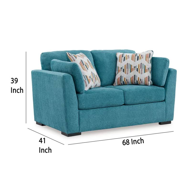 Viena Loveseat, 2 Accent Throw Pillows, Teal Blue Faux Velvet 68 Inch