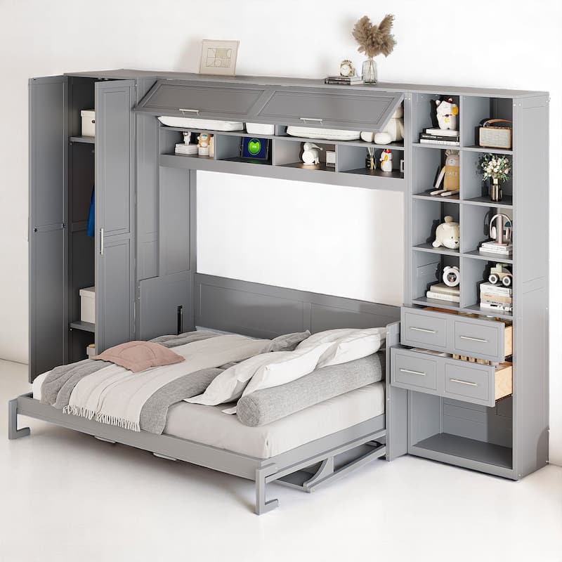 Queen Murphy Bed with Side Closet, Drawers, Adjustable Shelves - Space-Saving Wall Bed Cabinet - Grey - Queen
