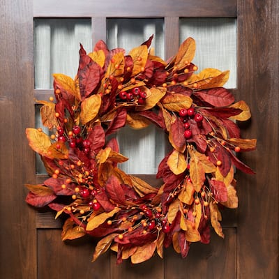 Berries with Leaves Artificial Fall Harvest Twig Wreath, 24", Unlit