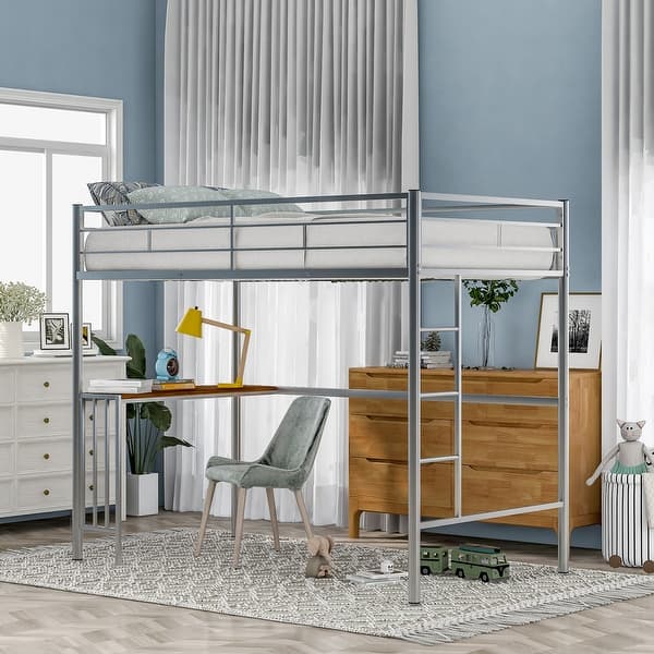 slide 2 of 8, Industrial Metal Twin Loft Bunk Bed Steel Frame w/Desk, Twin Loft Bed Silver - Twin