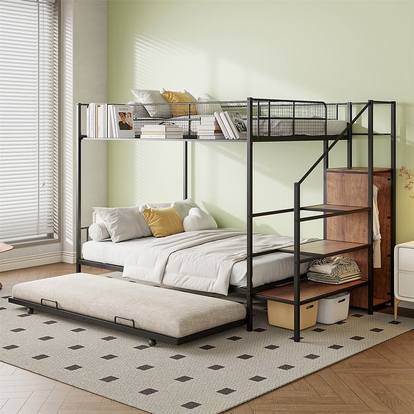 slide 2 of 28, Twin Over Full Size Bunk Bed with Trundle and Bulit-in Wardrobe, Metal Bunk Bedframe with Lateral Storage Ladder & Wire Shelving Black
