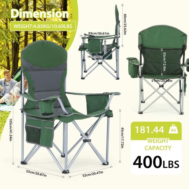 Portable Camping Chair, Lawn Chairs with Armrests, Cooler Bag, Cup Holder & Side Pocket for Outdoor Activities (Green)