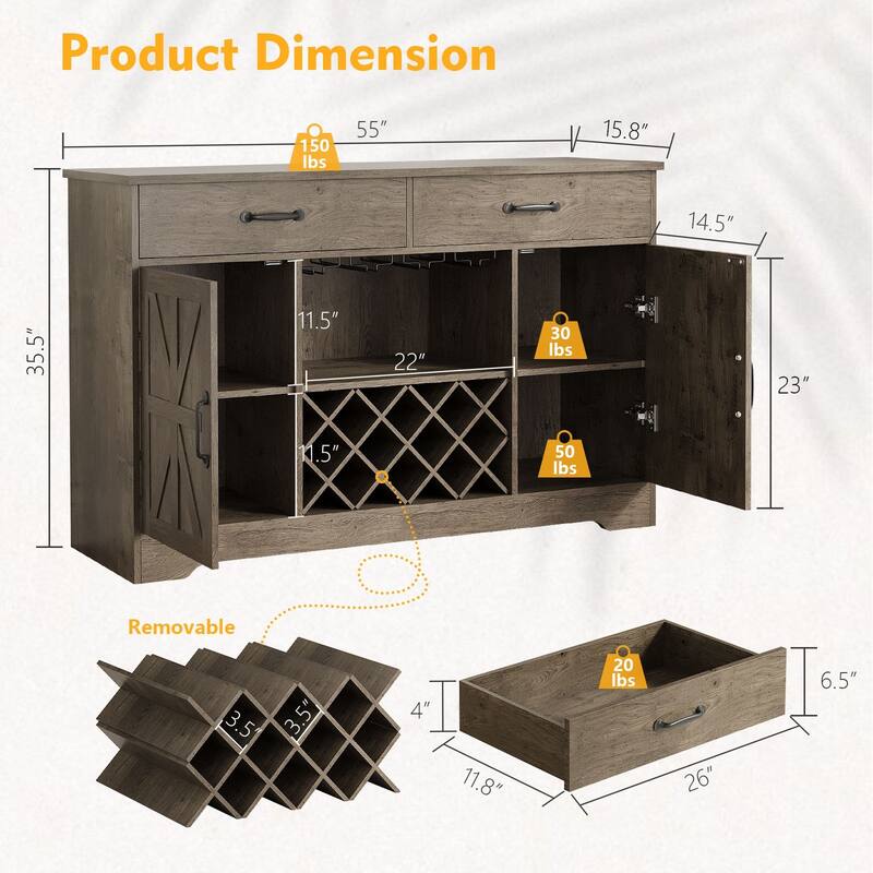 Meyreso 55" Oak Farmhouse Coffee Bar Cabinet with Hutch and Wine Storage