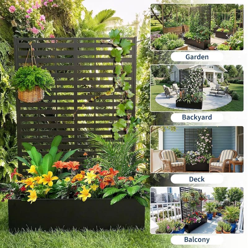 72"*47"*16" Raised Garden Bed with Trellis, Planter Box with Privacy Screen, Wheels for Climbing Plants