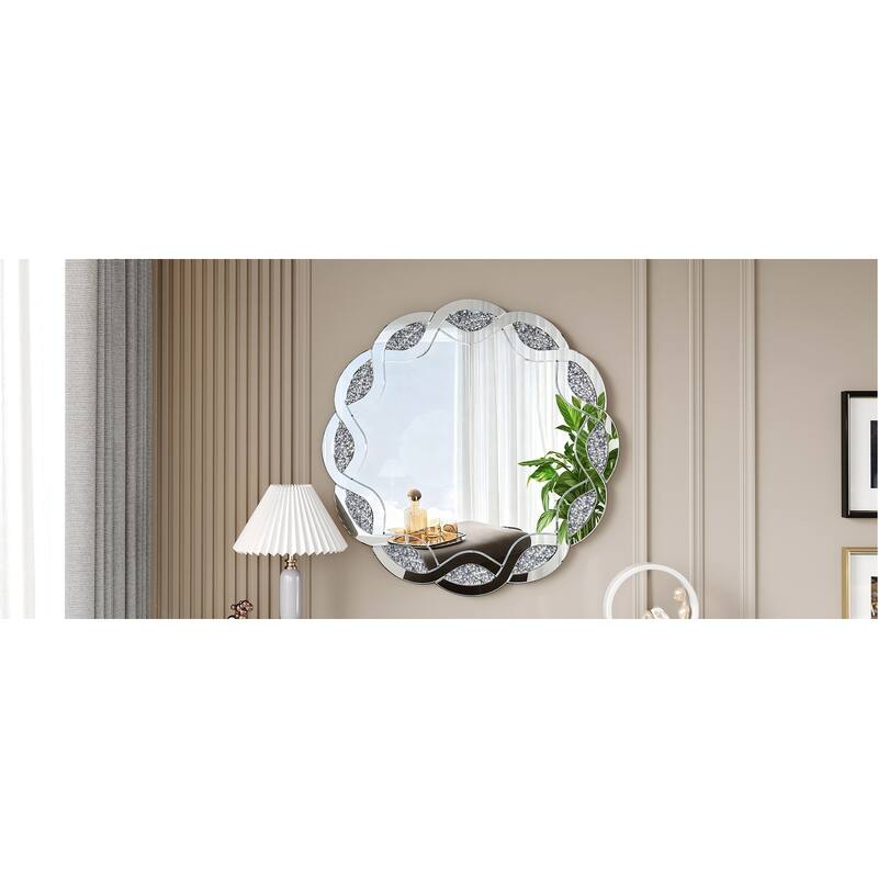 Silver Crush Diamond Round Wall Mirror, 31.5 Inch Wave Frame Decorative Mirror for Living Room, Bathroom, Bedroom