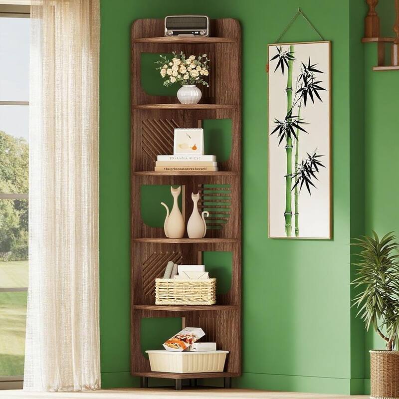Premium 6 Tier Narrow Corner Bookshelf Full Brown Wooden Storage Shelf with Metal Legs and Anti Tipping Device