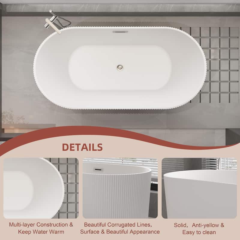 CB HOME 59"/67" Acrylic Freestanding Bathtub, Modern Deep Soaking Spa Bathtubs with Solid Surface