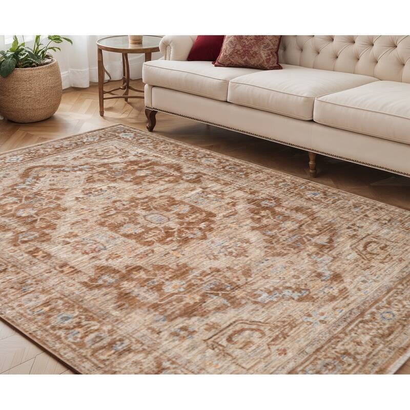 HomeRoots Floral Medallion Traditional Rectangle Area Rug - 90.00 in. x 60.00 in.  x 0.30 in.