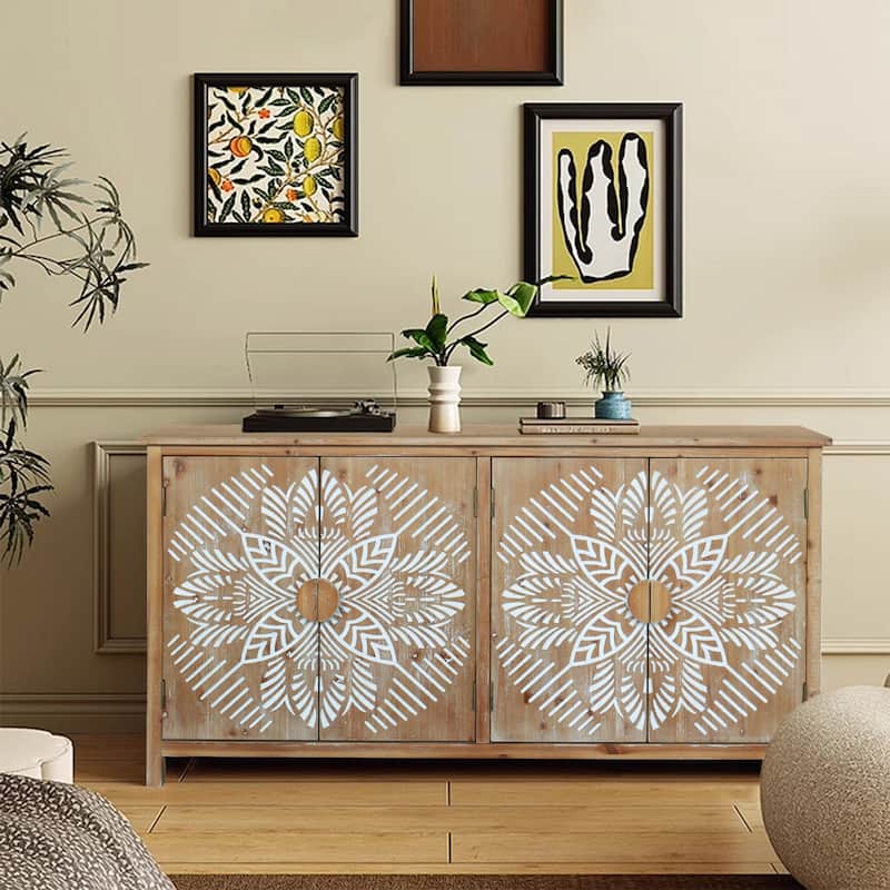 60in White Accent Cabinet with 4 Doors - Antique Brown and White