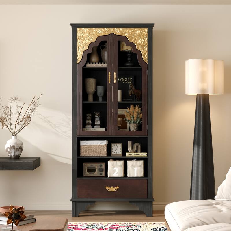Asian Style Display Cabinet with Glass Doors Accent Curio Cabinet with Drawer Solid Wood and Tempered Glass Storage Shelf