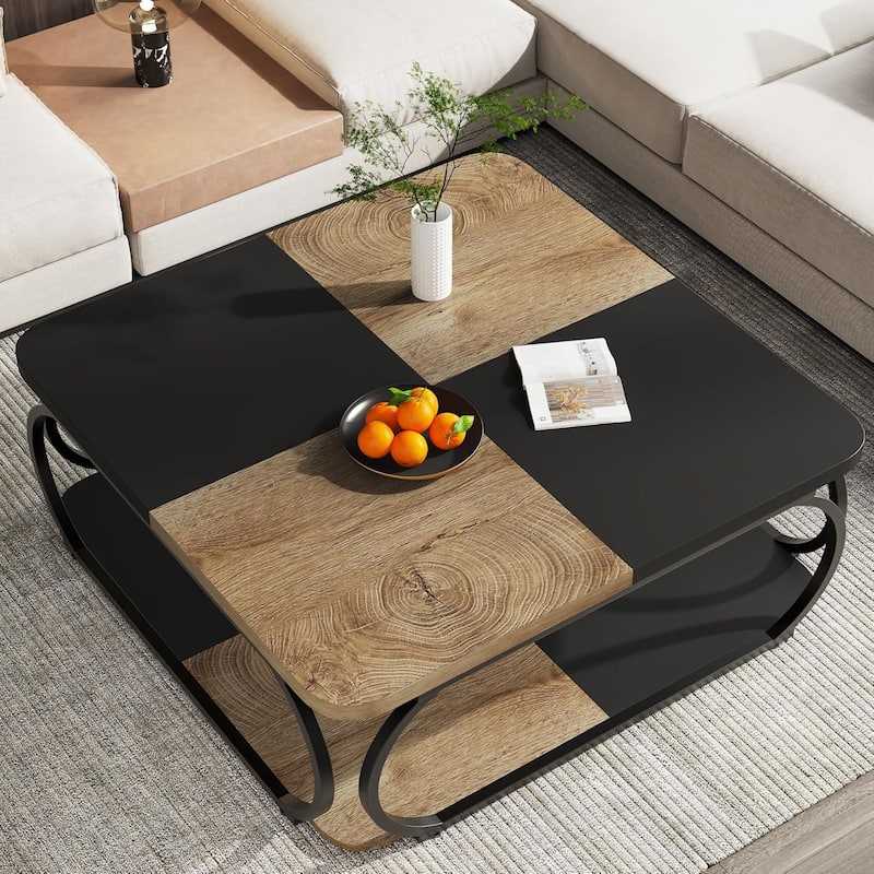 40" Square 2-Tier Coffee Table, Farmhouse Table with Wood Storage Shelf for Modern Living Room