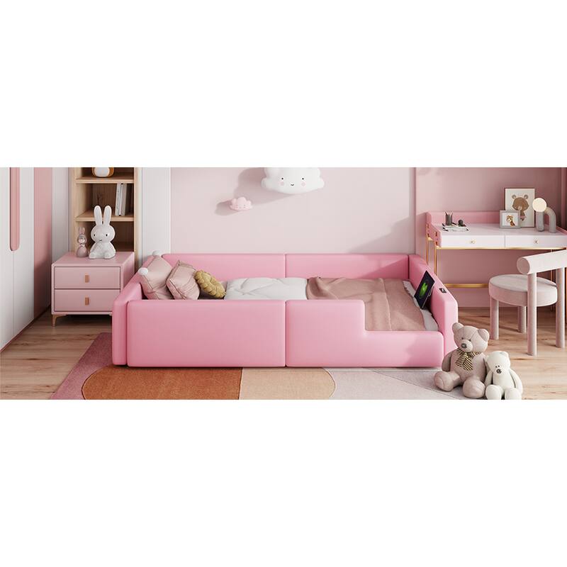 Roomfitters Twin Size Upholstered Floor Bed with USB Charging Ports and High Guardrails, Modern Padded Bed Frame