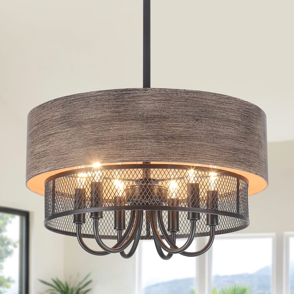 Zjvaive Farmhouse 6-Light Metal Drum Chandelier with Black Mesh Shade