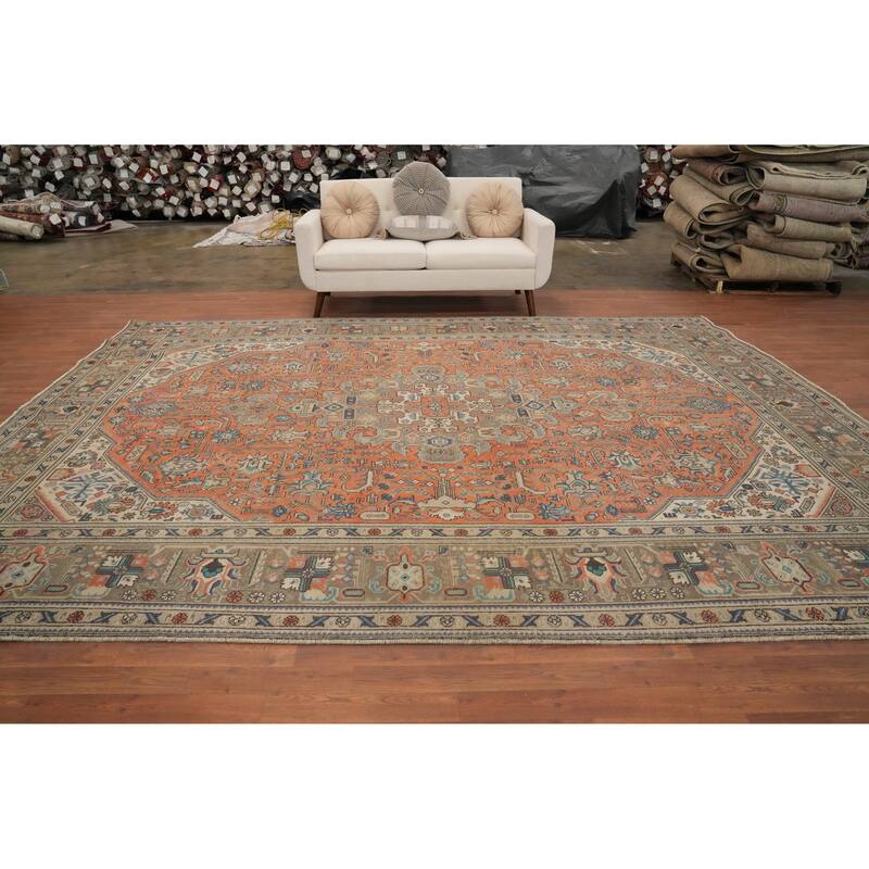 Hand Knotted Oriental 100% Wool Carpet Traditional Floral Oranges & Rust Tabriz Area Rug - 12' 8'' X 9' 7''