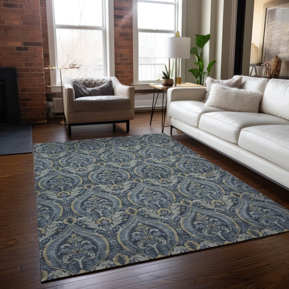 Machine Washable Indoor/ Outdoor Damask Chantille Rug