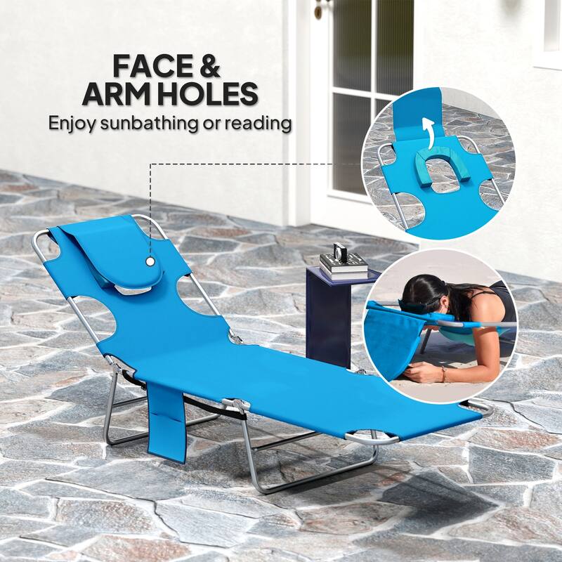 Outsunny Folding Beach Lounge Chair with Face Hole and Arm Slots, 5-level Adjustable Sun Lounger Tanning Chair with Pillow