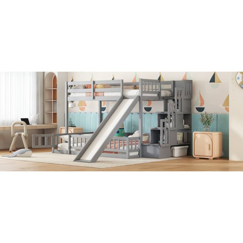 Roomfitters Twin Over Full Bunk Bed with Slide and Storage Staircase, Solid Pine Wood Bunk Bed with Guardrails