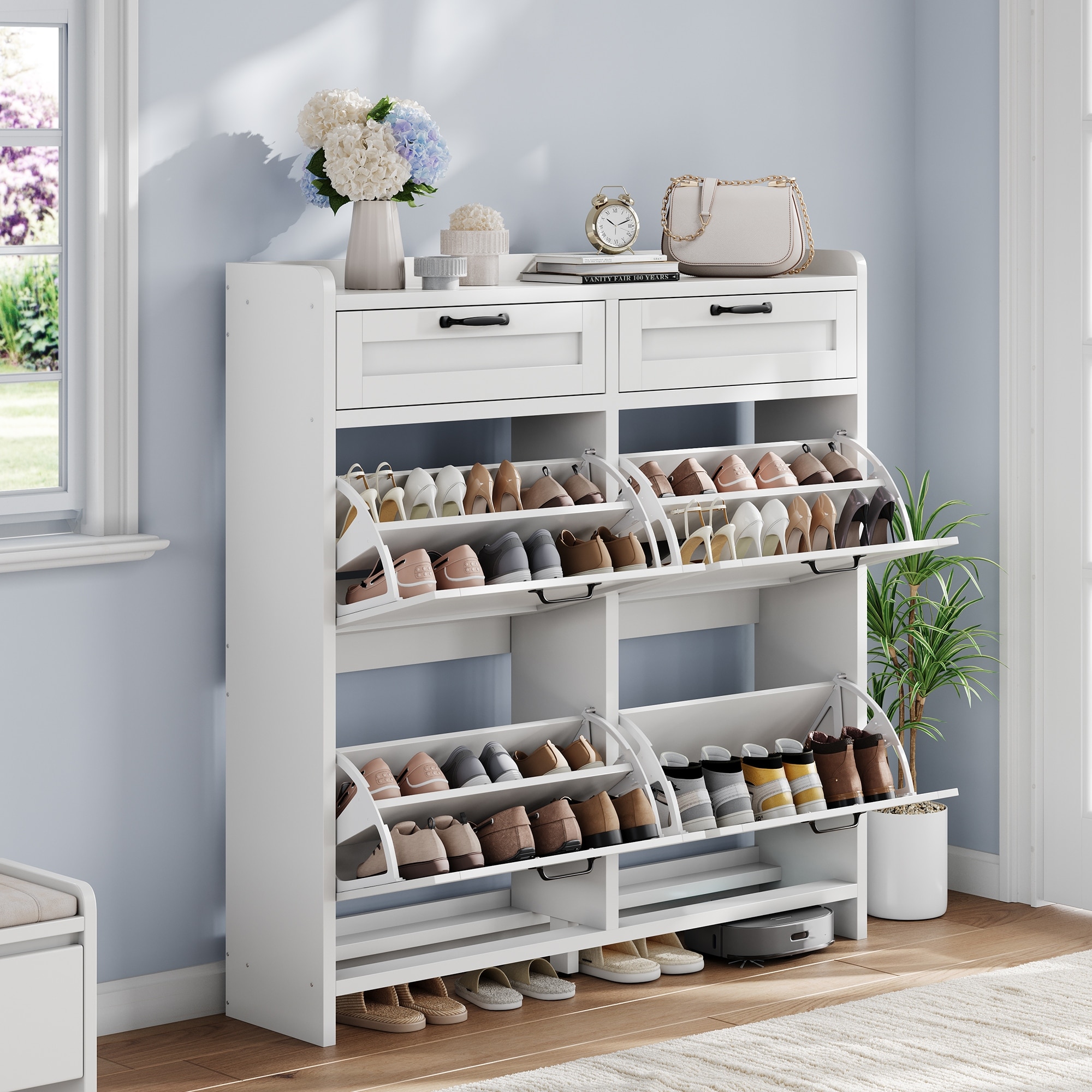 Shoe Cabinet with 4 Flip Drawers & 2 Top Drawers, Wooden Shoe Organizer Cabinet with Adjustable Shelf