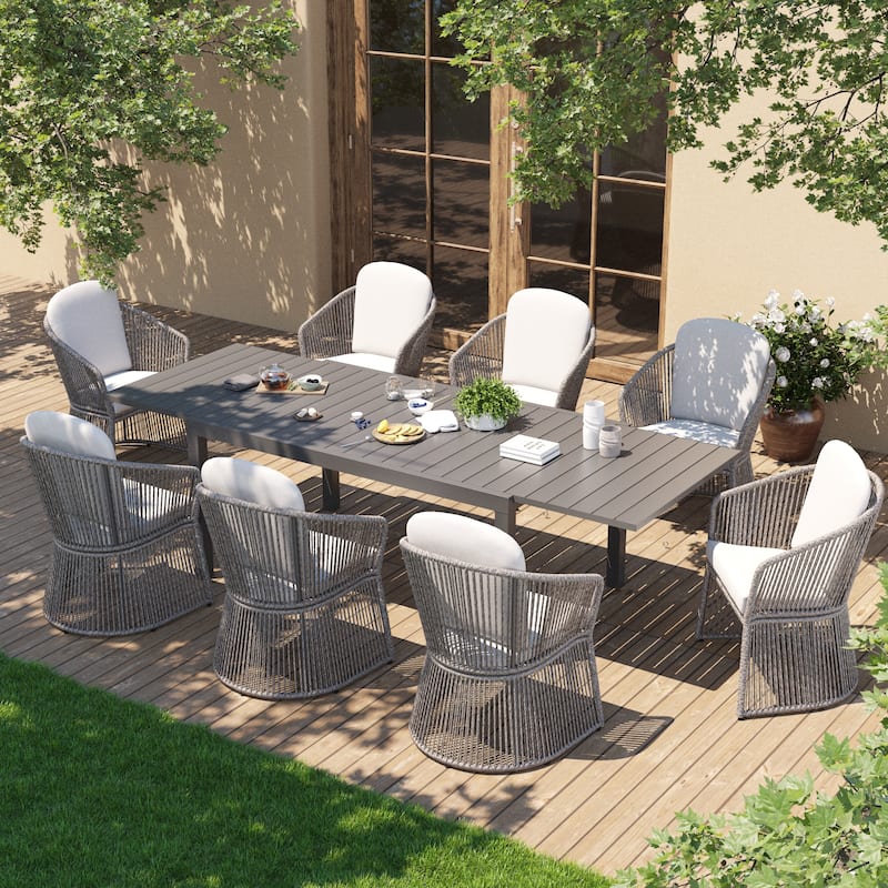 Outdoor Patio Dining Sets with Rattan Chairs and Aluminum Extendable Dining Table for 8 Persons