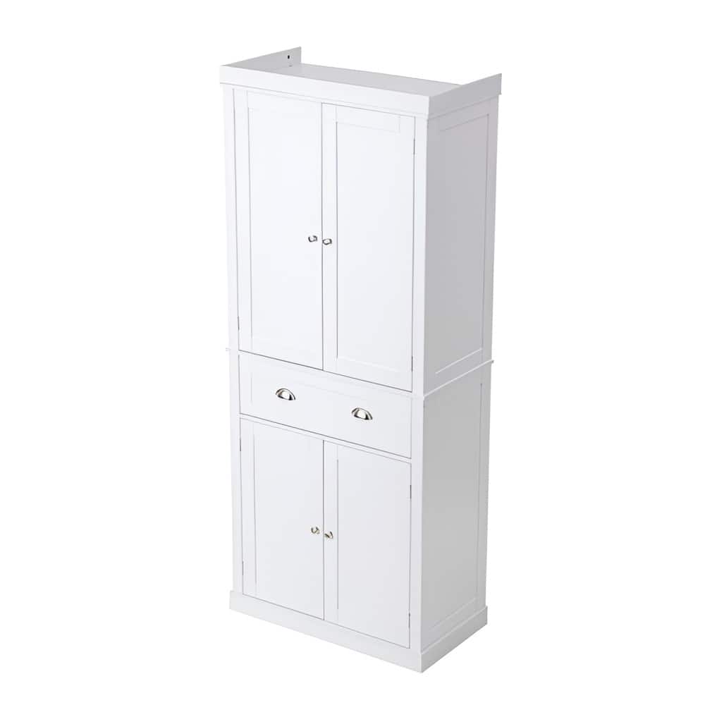 Pearl White MDF Kitchen Pantry Storage Cabinet with Drawer and Adjustable Shelves - 30” L x 16” W x 72” H