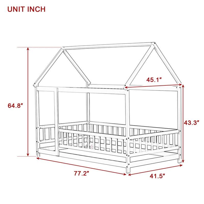 Twin Size Wooden House Floor Bed with Roof Frame,Safety Guardrails