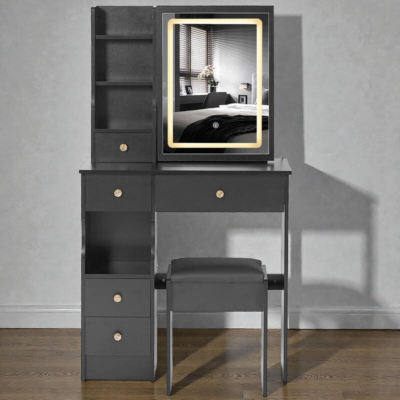 29.2'' Small Vanity Table with LED Tri-Color Mirror, Drawer & Cushioned Stool, Space-Saving Makeup Desk for Small Rooms - Black