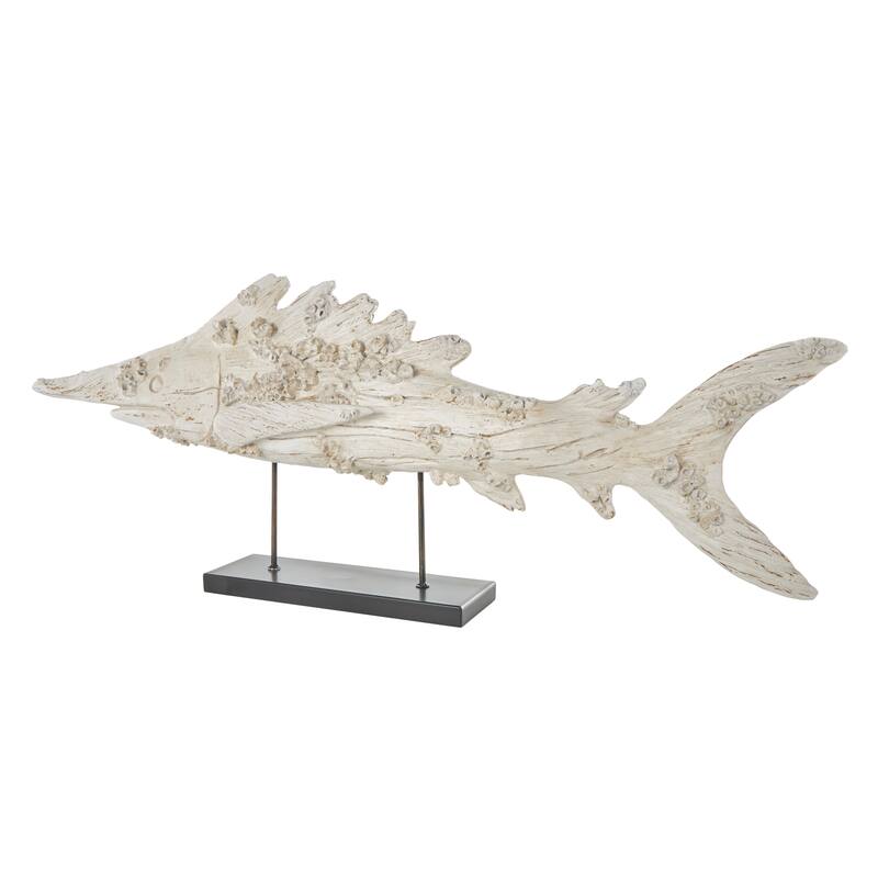 Cream Polystone Textured Fish Decorative Sculpture with Brown Distressing and Black Metal Stand