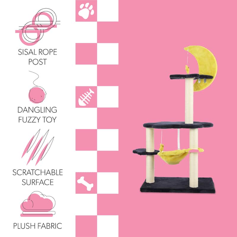 Aurora 49" 3-Tier Modern Sisal Moon And Stars Cat Tree with Scratching Posts, Basket, and Fuzzy Bell Toys, Navy/Yellow/White