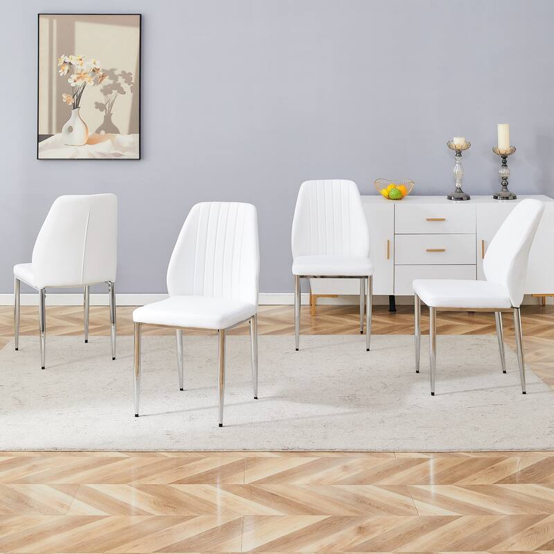 Modern 4 Piece PU Dining Chair Set with Extended Backrest, Cushioned, Metal Legs for Dining Room Kitchen Bedroom Living Room - White