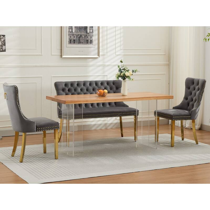 Roomfitters Upholstered Loveseat Bench with Nailhead Trim and Gold Legs, Modern High Back Settee for Dining Room