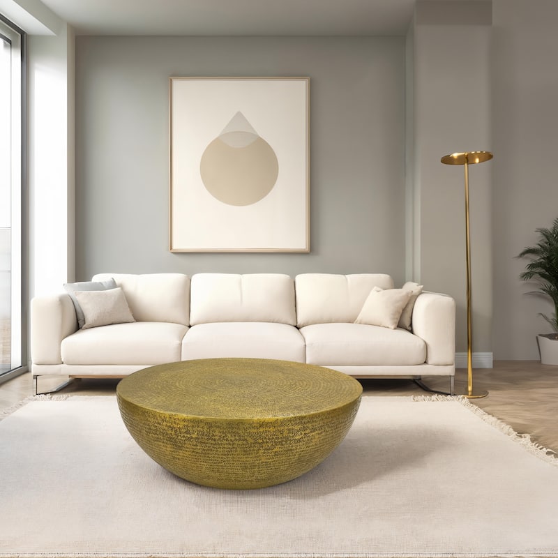 Terminus Coffee Table, 36 Inch Round Bowl Base with Hand Etched Texture, Antique Brass