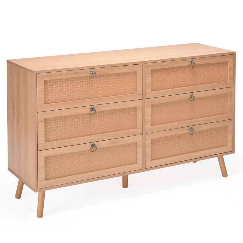 Rattan 6 Drawer Double Dresser for Bedroom, Chest of Dressers, Modern Dresser Drawer Chest