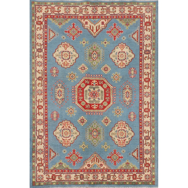 Light Blue Geometric Kazak Area Rug Hand-Knotted Oriental Wool Carpet - 4'3" x 6'4"