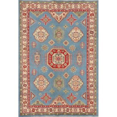 Light Blue Geometric Kazak Area Rug Hand-Knotted Oriental Wool Carpet - 4'3" x 6'4"